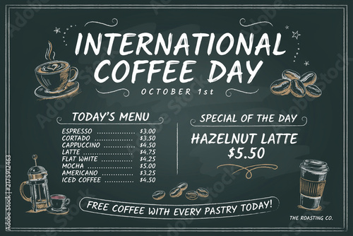 International coffee day chalkboard menu design with chalk drawings and lettering