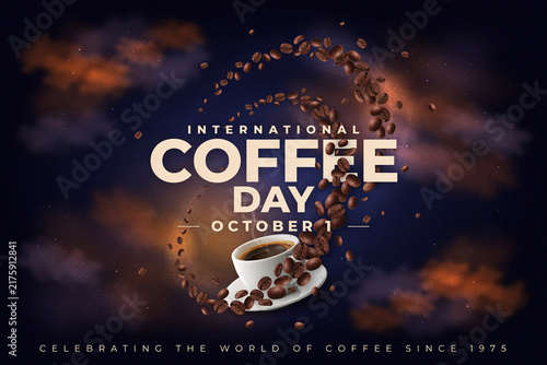 International coffee day poster design with floating beans cup and dark background