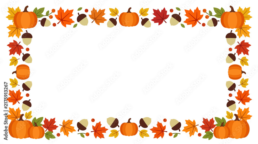 Fototapeta premium Rectangular fall border frame design with pumpkins, maple leaves, and acorns, perfect for autumn harvest season invitations and graphic elements