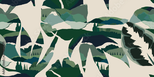 Abstract leaves silhouette, monochrome landscape pattern. Botanical contemporary seamless pattern. Hand drawn unique print.