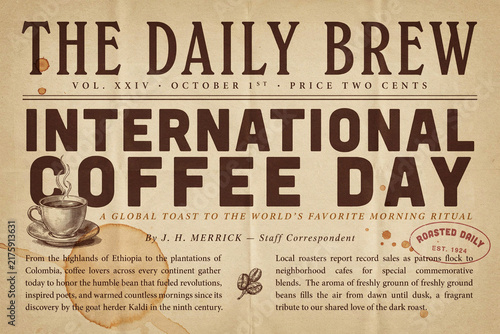 Retro styled newspaper layout celebrating international coffee day with graphic elements
