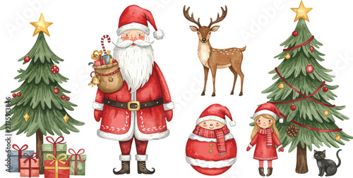 A collection of watercolor christmas elements featuring santa claus a reindeer decorated pine trees gifts and a cute little girl