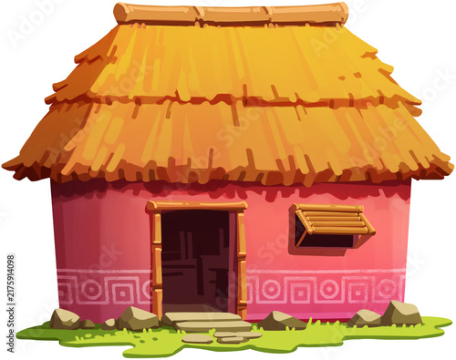 Bild auf Leinwand Traditional Ancient Maya House with Thatched Roof Illustration