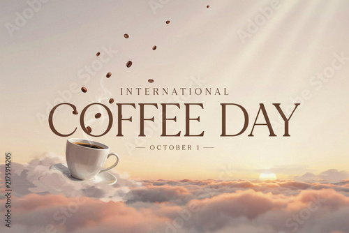International coffee day concept with coffee cup floating above clouds at sunset