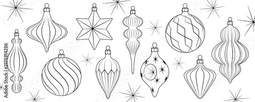 Vintage Christmas tree ornaments set line art vector for holiday design