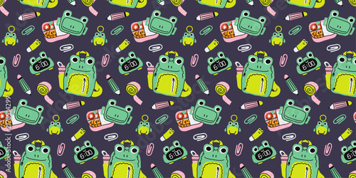 Cute frog school backpack and lunchbox doodle pattern for textile printing