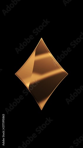 Diamond Golden card suit symbol shine gold liquid texture motion animation against dark background with alpha channel. Ace of diamonds for luxury poker casino gambling games animation.