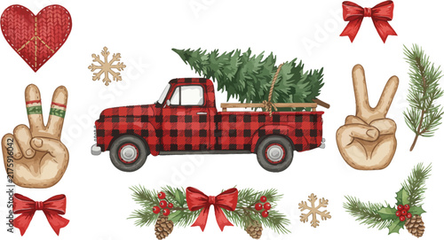 Watercolor christmas clipart set featuring a red buffalo plaid truck carrying a pine tree with peace signs and festive bows