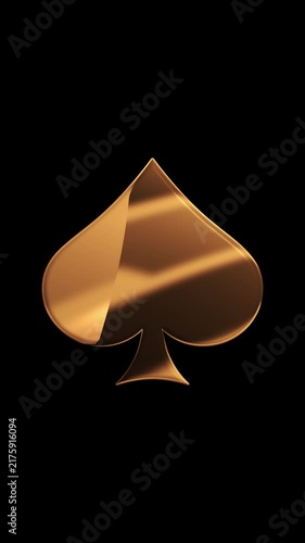 Spade Golden card suit symbol shine gold liquid texture motion animation against dark background with alpha channel. Ace of spades for luxury poker casino gambling games animation.