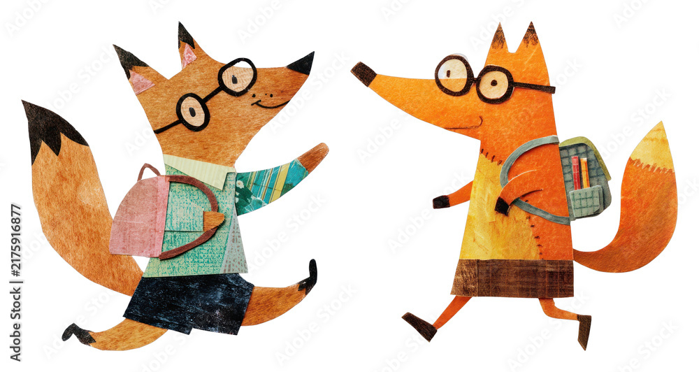 Fototapeta premium PNG Playful fox friends walking with school backpacks illustration, transparent background