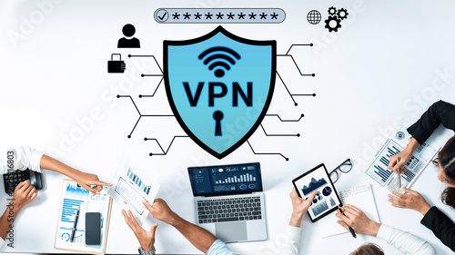 Foto Secure Network Connection Concept with VPN Shield Symbol and Devices on Desk Showing Data Protection and Online Privacy Solutions Haptic