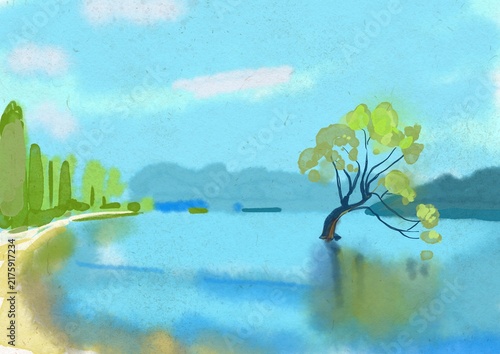 Canvastavla Beautiful watercolor painting of the famous lonely Wanaka tree in the lake water