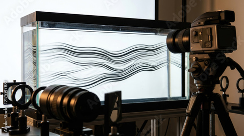 Fluid dynamics experiment with Schlieren imaging technique showcasing wave patterns in water