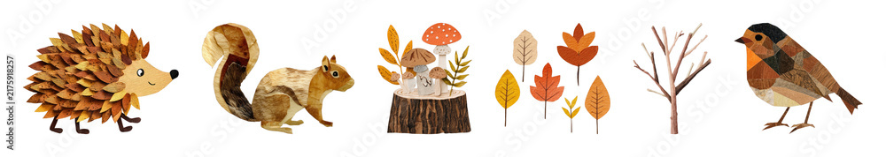 Obraz premium PNG Cute autumn woodland animals and foliage illustration set, transparent background