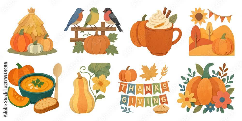 Obraz premium PNG Vintage thanksgiving autumn illustration set with pumpkins and foliage, transparent background
