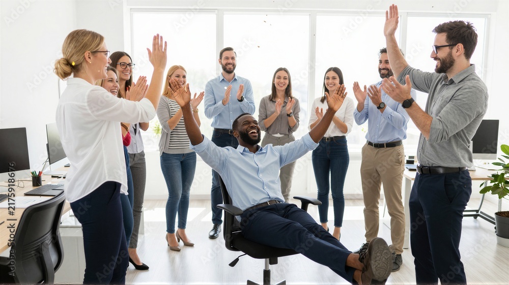 Fototapeta premium Smiling office team applauding seated colleague during promotion celebration in bright modern workspace with desks, monitors, plants, and large windows