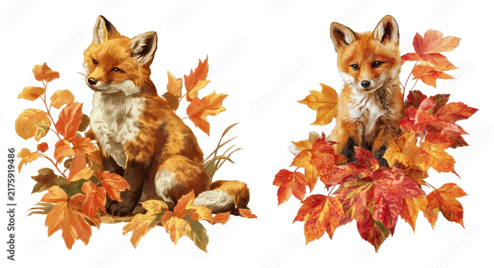 Fototapeta premium PNG Autumn fox illustration with colorful fall leaves, transparent background