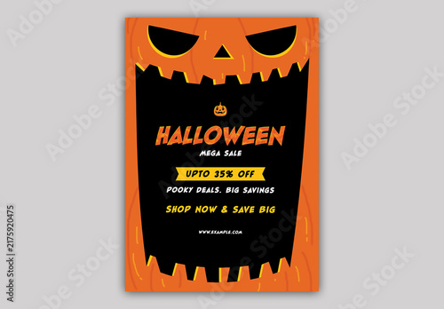 Editable Halloween Mega Sale Flyer Template Design with 35 Percent Off on Creepy Pumpkin Face Background.
