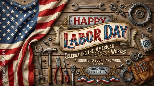 Happy Labor Day USA Flag American Worker Tools Wood Background
