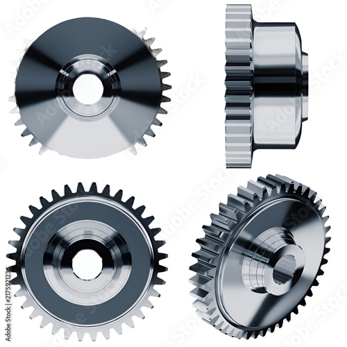 multiple views of a realistic metallic gear