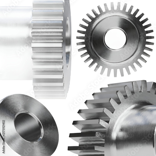 multiple views of a realistic metallic gear