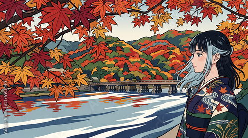 秋の紅葉する山々と川に架かる和風の木造橋を眺める着物女性のイラスト