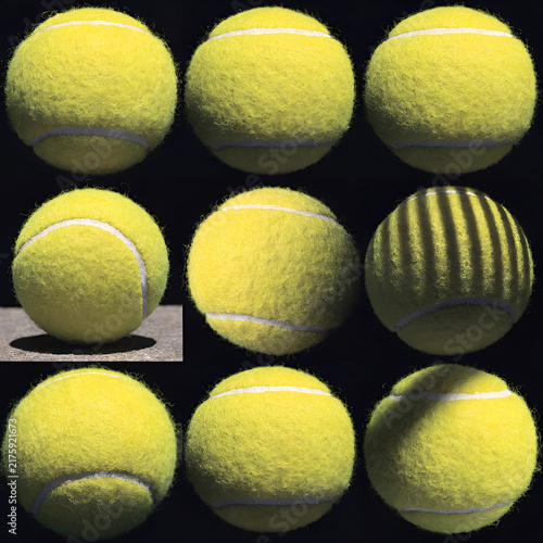 nine tennis balls in various angles a detailed view