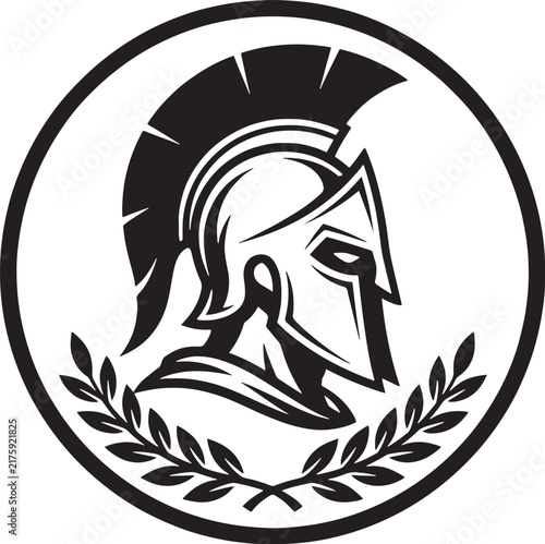 Foto Black and white of a spartan warrior helmet inside a circle with a laurel wreath