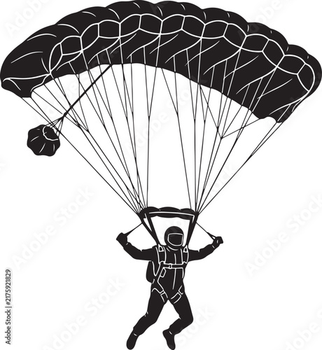 Bild auf Leinwand Black and white of a skydiver with a large parachute canopy and suspension lines