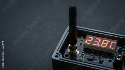 Wireless thermal sensor with digital temperature display and antenna macro detail