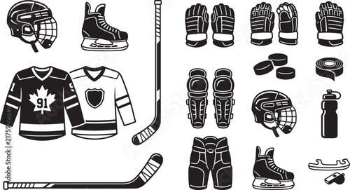 Canvas Print Black and white set of ice hockey equipment including jerseys, helmets, skates,