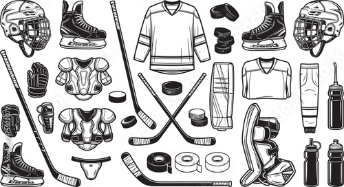 Photography Black and white set of ice hockey equipment including skates, sticks, helmets, p
