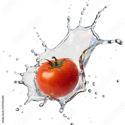photo tomato and splash water over white background