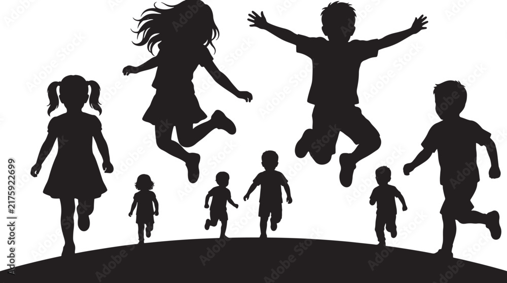 Obraz premium Black silhouettes of joyful children running and jumping on a hill against a white background, also transparent background