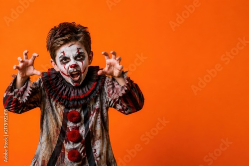 Scary clown costume on a child with face paint and spooky makeup for Halloween, orange background with copy space
