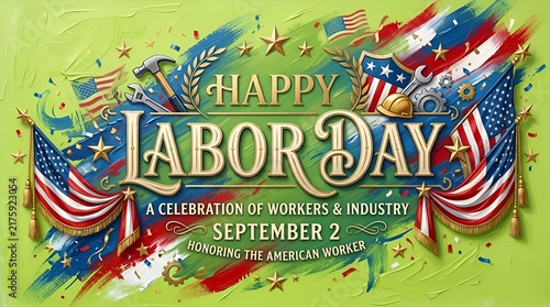 Happy Labor Day USA Celebration with American Flags and Tools