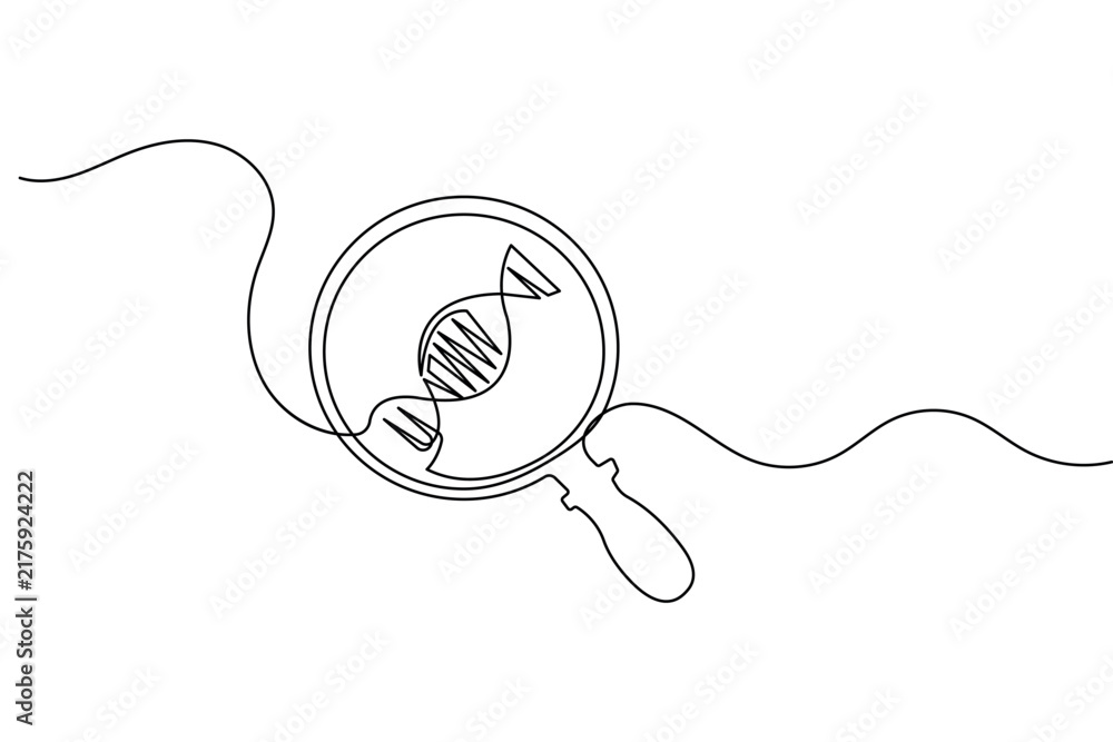 Obraz premium DNA magnifier vector showcasing a continuous line art genetic research concept with outline.