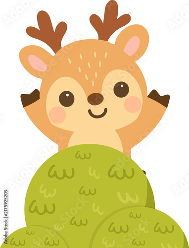 Cheerful baby deer behind green bush