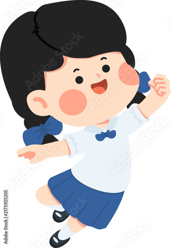 Happy student girl jumping in school uniform