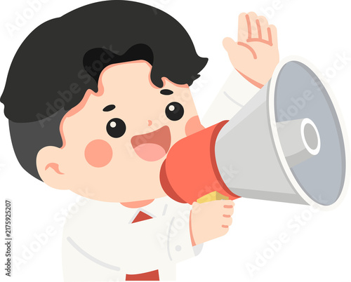 Young boy shouting through a megaphone announcement