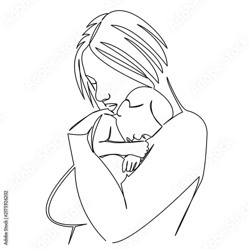 continuous single drawn hand-drawn picture silhouette by one line mother with baby in her arms. Line art. doodle.