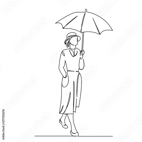 One continuous single drawing line art flat doodle girl, retro, beautiful, beauty, fashion, umbrella. Isolated image hand draw contour on a white background
