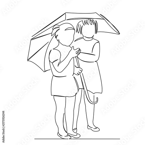 One continuous single drawing line art flat doodle outdoor, umbrella, girl, kid, happy, two. Isolated image hand draw contour on a white background
