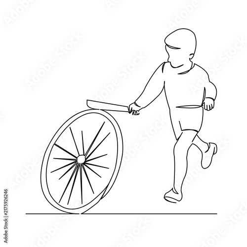 One continuous single drawing line art flat doodle kid, wheel, boy, childhood, child, rolling, fun. Isolated image hand draw contour on a white background
