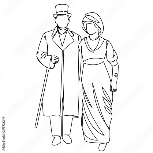 One continuous single drawing line art flat doodle couple, vintage, black and white, romantic, love, nostalgia. Isolated image hand draw contour on a white background
