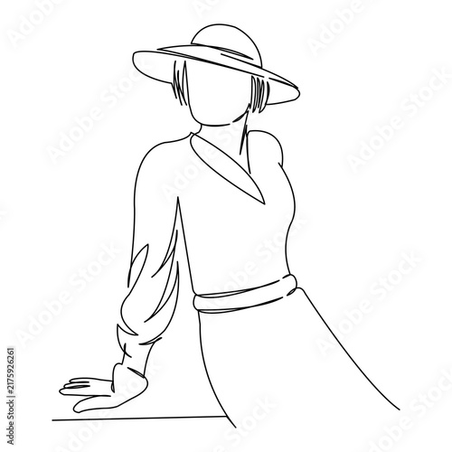 One continuous single drawing line art flat doodle hat, glove, retro, vintage, fashion, beauty, woman, elegance. Isolated image hand draw contour on a white background
