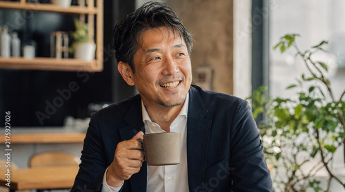 Obraz w ramie コーヒーを飲みながら笑顔を見せるアジア人男性