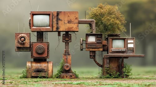 Vintage Robot Sculpture Made from Old TV Sets and Computer Parts with Green Plants in a Mysterious Environment