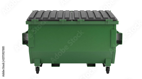 Closed green metal trash dumpster container with a transparent background