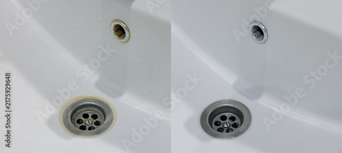Canvastavla Sink drain showing rust buildup and restored metal ring, before and after cleani